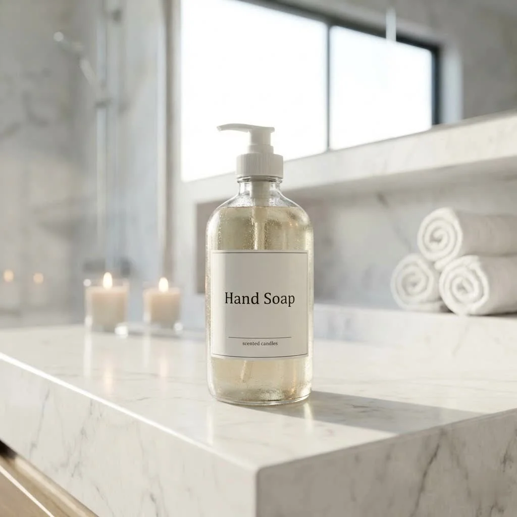Elegant hand soap bottle on a bathroom counter